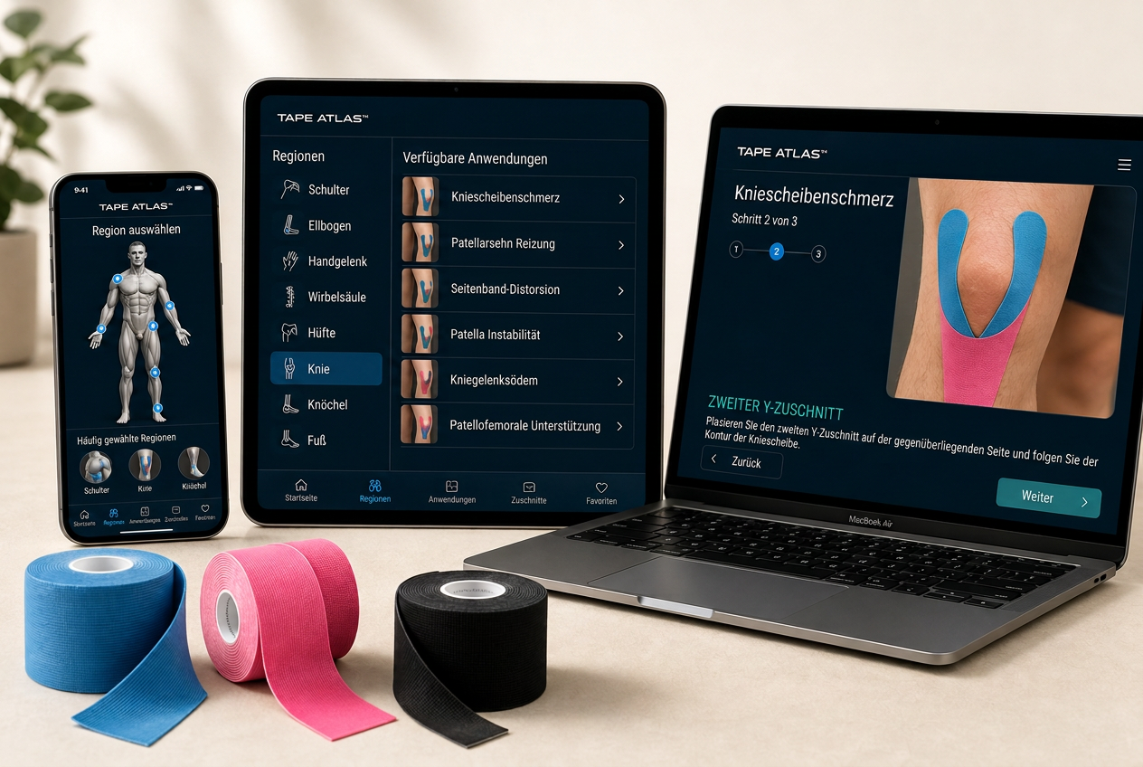 Tape Atlas auf Smartphone, Tablet und Computer, daneben Kinesiology-Tape-Rollen