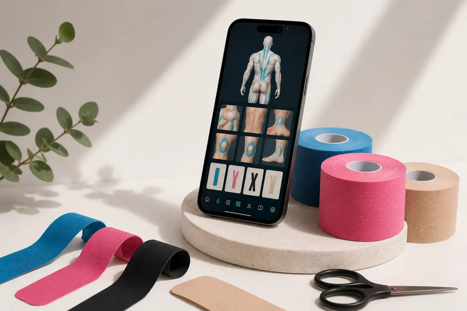 Tape Atlas auf dem Smartphone neben Kinesiology-Tape-Rollen